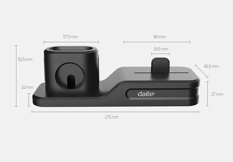 Black silicone 3-in-1 charging base for iPhone, iWatch, and AirPods on a plain surface