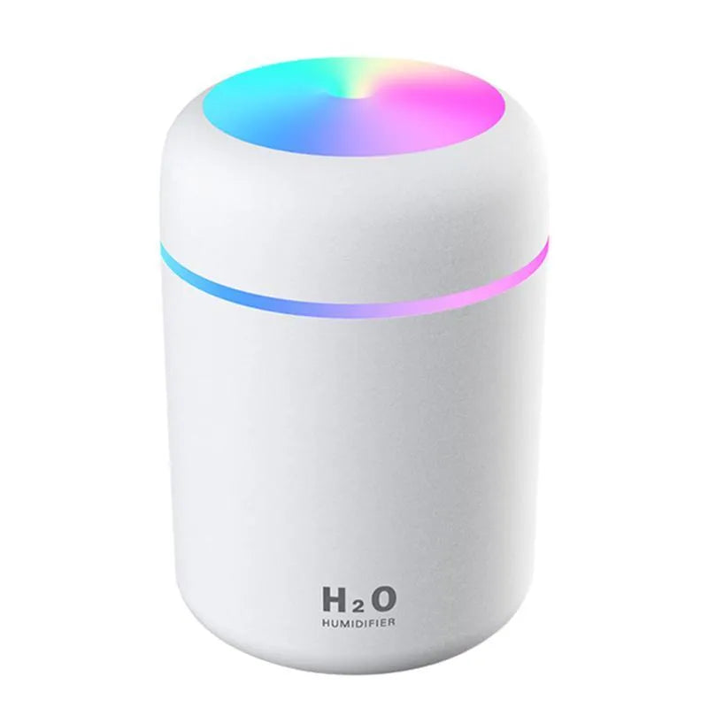 Pink USB desktop humidifier with colourful LED lights and 300ml water tank on wooden desk