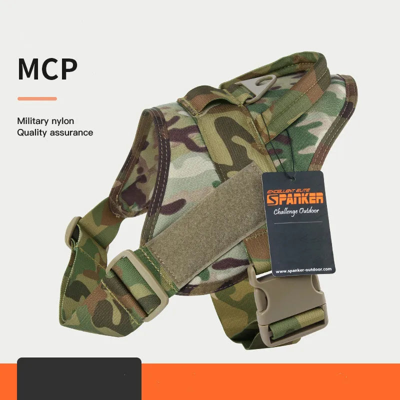 1050D nylon large medium dog harness with UTX buckle and military webbing on grey background