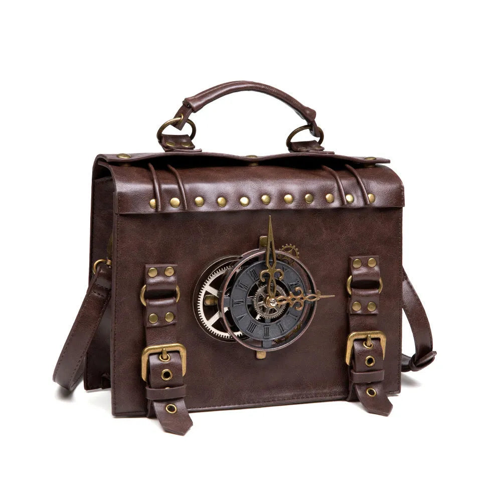 Bronze Steampunk industrial retro style PU leather shoulder bag with metal hardware.