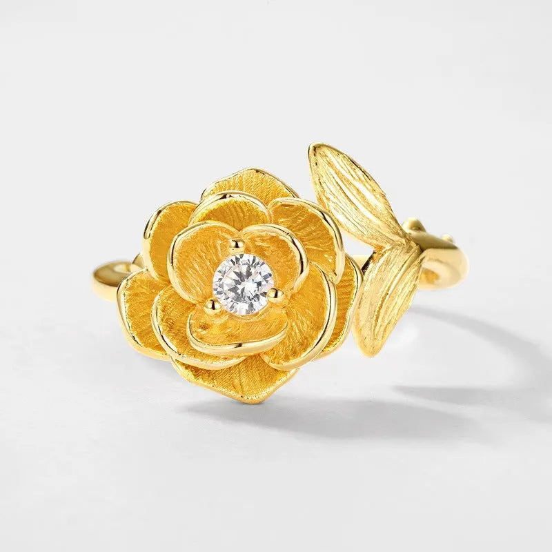 Women's 925 silver adjustable flower ring with 10k gold swimming paint electroplating, gold colour, retro design