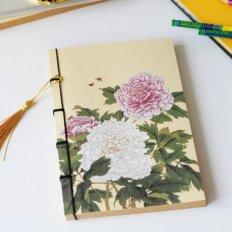 A5 antique wire-bound notebook with retro painting cover, wax rope binding, and tassels