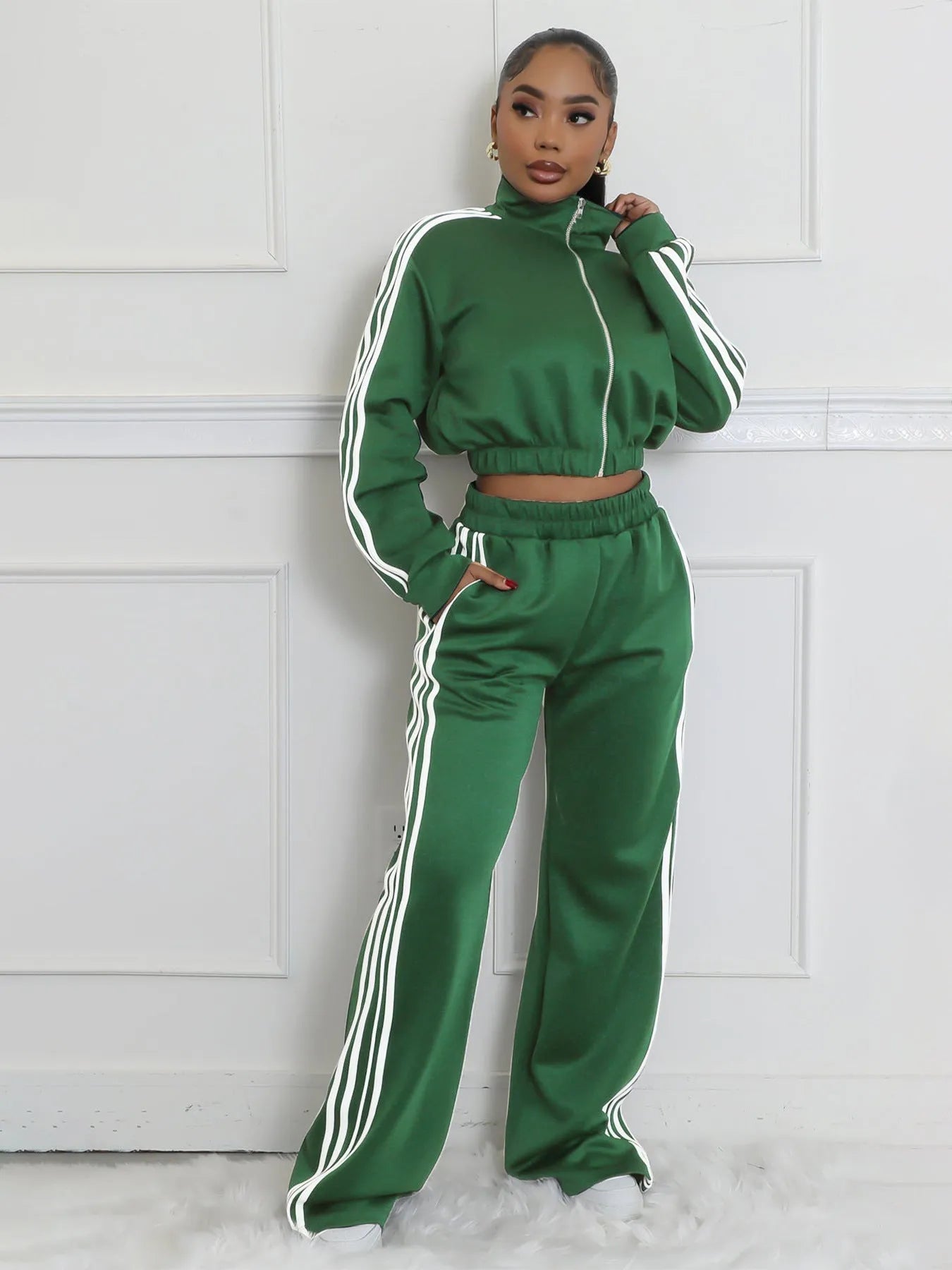 Grey and black striped sweater two-piece set with zipper detail on the top