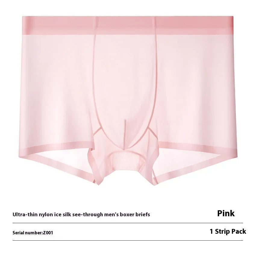 Seamless Ice Silk men's boxer briefs in white, shown flat to highlight traceless construction.