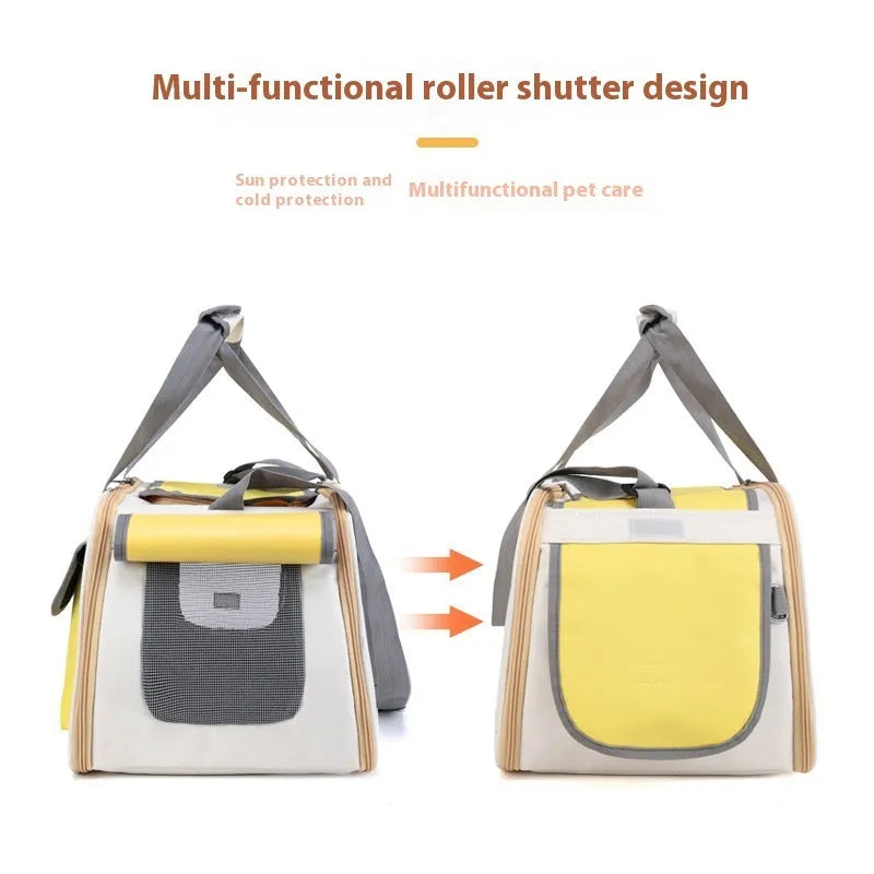 Foldable single shoulder pet carrier backpack in canvas material shown in black colour