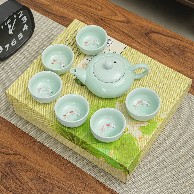 Ceramic celadon portable tea set with teapot and six cups in modern simple style