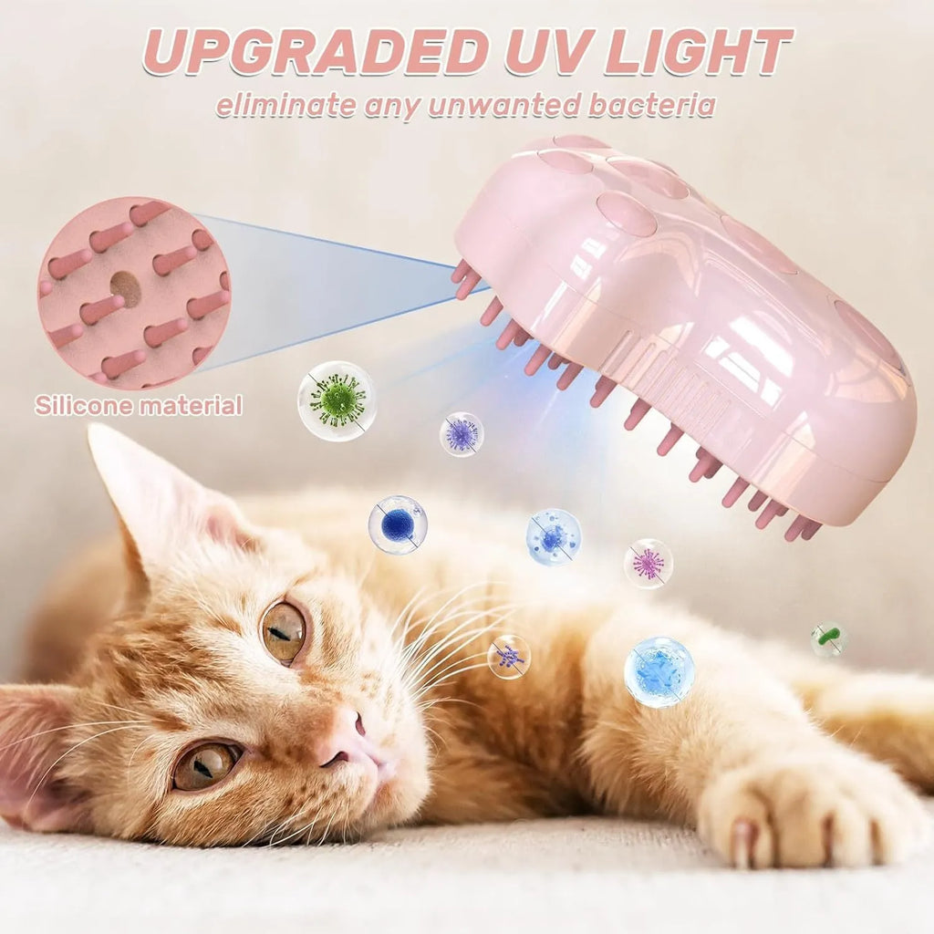 Blue self-cleaning cat grooming brush with silicone bristles and steam spray function on a pink background.