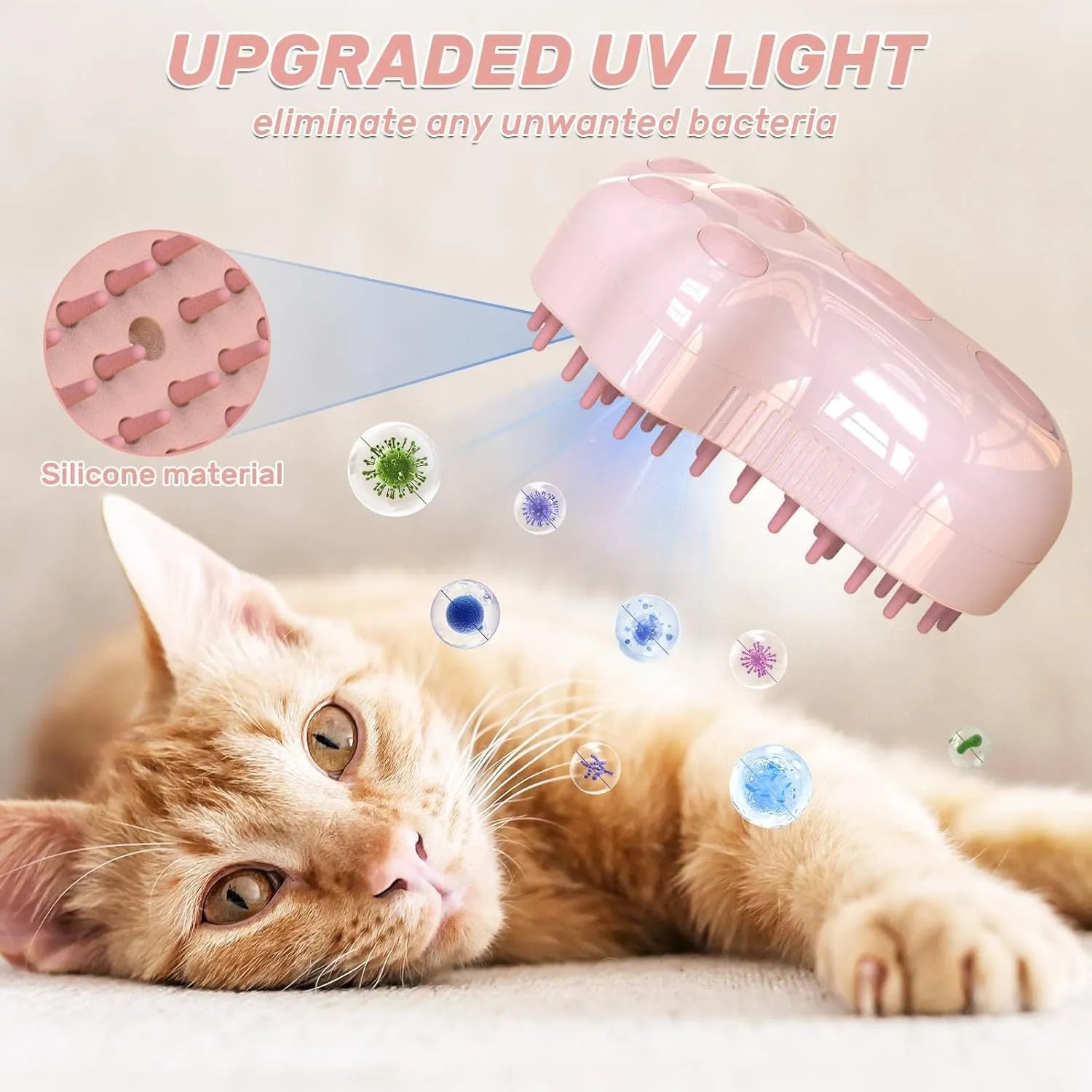 Blue self-cleaning cat grooming brush with silicone bristles and steam spray function on a pink background.