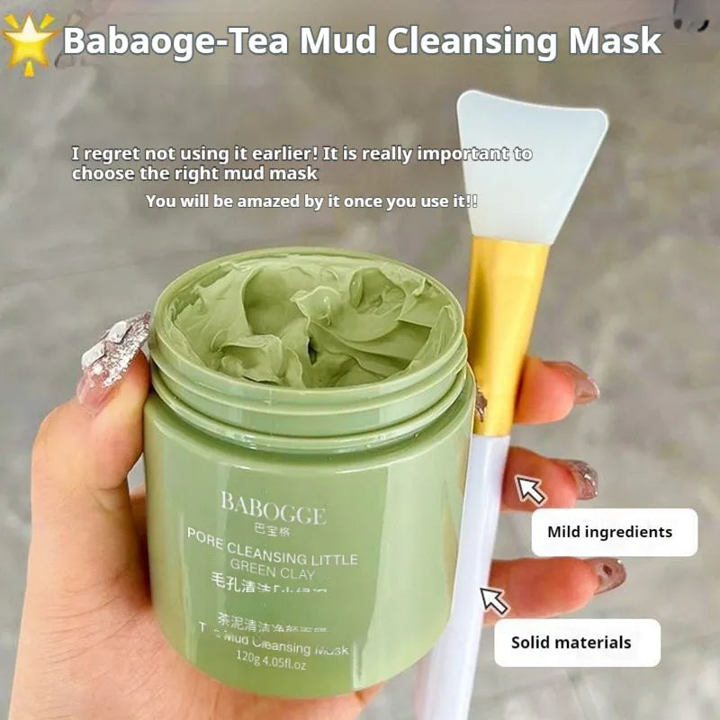 Tea mud cleansing clay facial mask in a 120g container, a non-pulling dry daub-type formula.