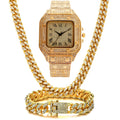 Roman grain graduation quartz watch set with square dial, diamond studs and black mesh band