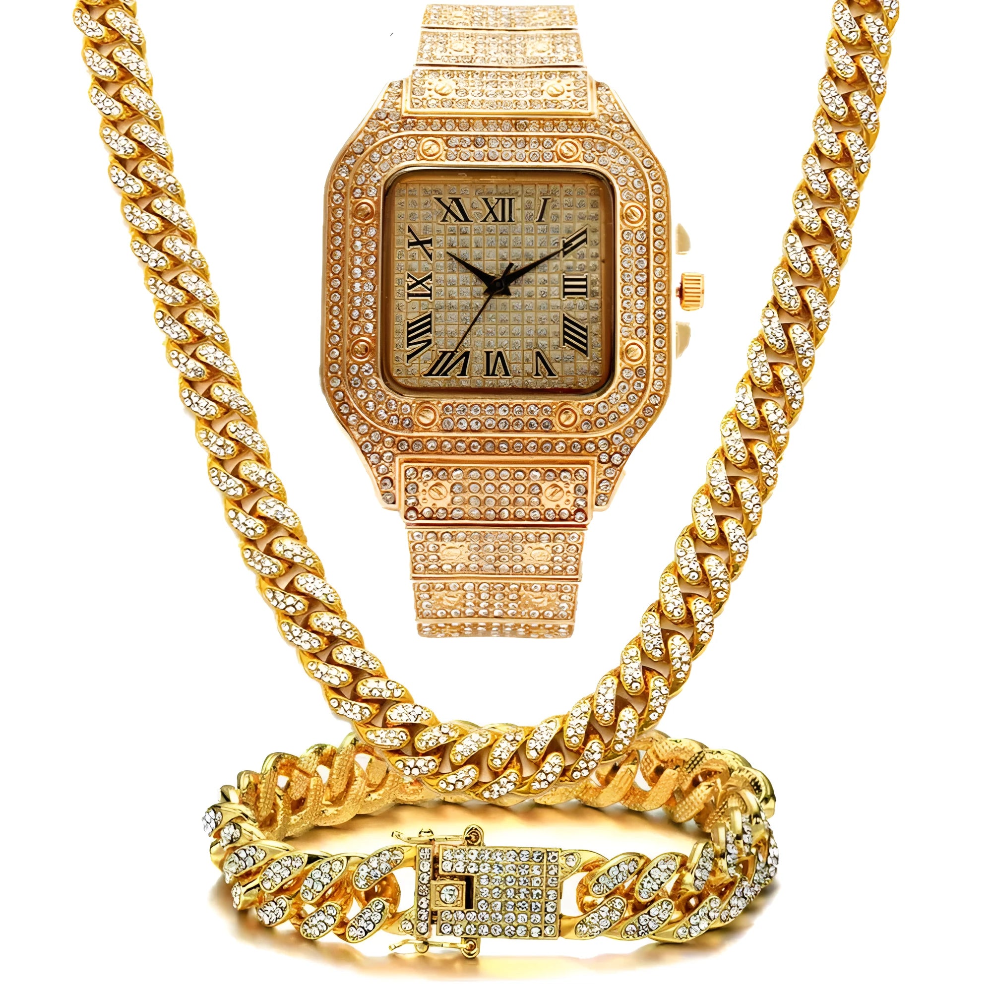 Roman grain graduation quartz watch set with square dial, diamond studs and black mesh band