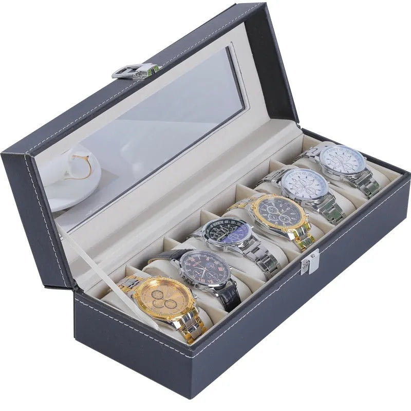 Grey high-grade leather watch storage box with dustproof see-through lid showing multiple watch compartments