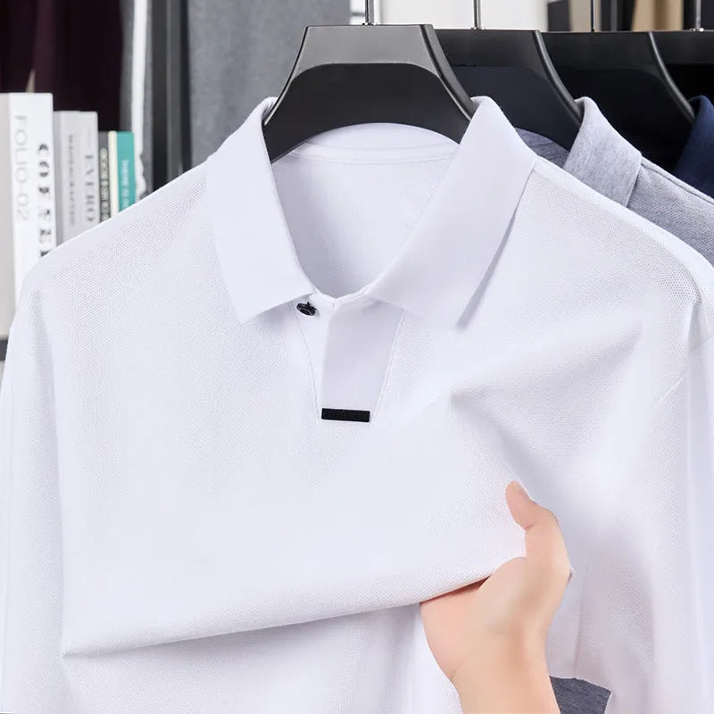 Men's gray cotton polo shirt with asymmetric lapel design and long sleeves