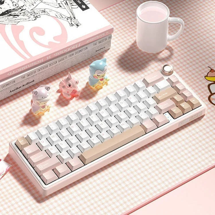Wireless mechanical keyboard with RGB backlighting in a white colour option on a desk.