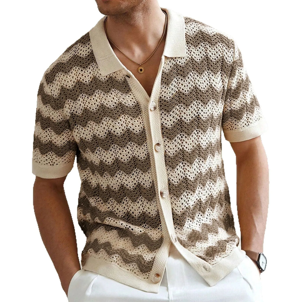 Men's blue short sleeve sweater with textured hollow jacquard corrugated pattern