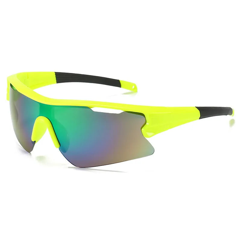 Windproof sports cycling sunglasses in black frame with grey lens on outdoor background.