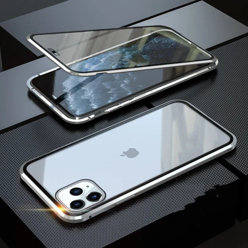 Glass clamshell anti-spy phone case in black, silver, red, gold, green, or blue for iPhone models.