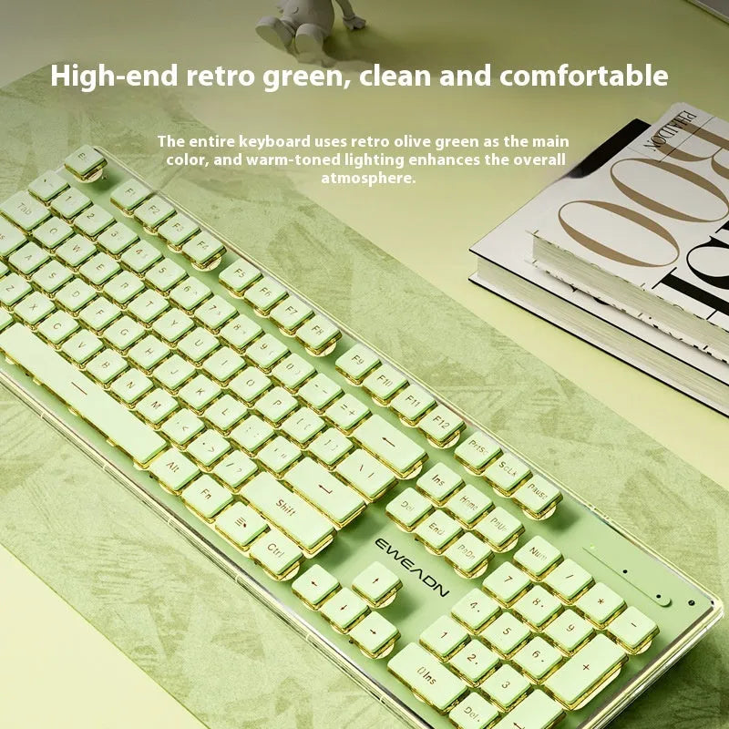 Prewalker V3 silent keyboard and mouse set in retro green colour on a desk.