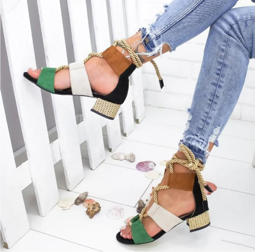 Women's beige suede ankle strap sandals with round toe and 3-5cm thick heel