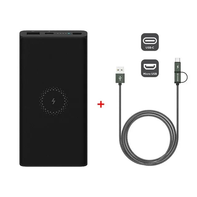 Black and white 10000mAh capacity power bank with wireless charging and fast charge support.