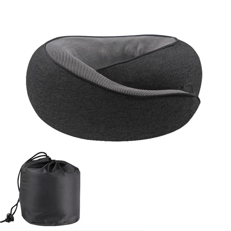U-shaped memory foam travel neck pillow in light grey with a storage bag.