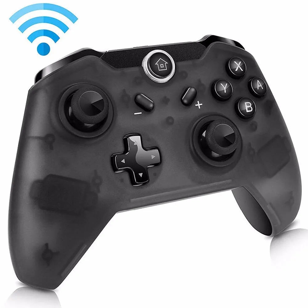 Black wireless Nintendo Switch game controller with analogue sticks and face buttons.