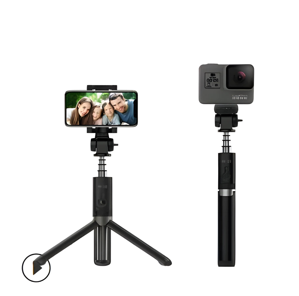 Aluminium alloy Bluetooth selfie stick with remote control and adjustable phone clip in black, pink, or white.