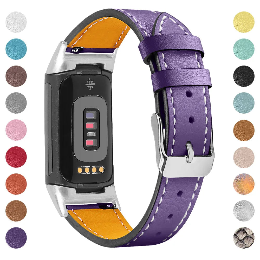 Genuine cowhide leather replacement watch strap for Fitbit Charge 5 and Charge 6 smartwatches.