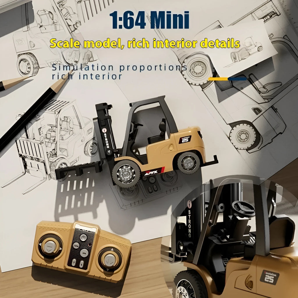 A blue 1:64 scale alloy remote control forklift model with a cargo hook and pallet on a table.