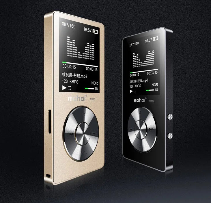 Gold, silver, and black all-metal portable MP3 player with a 1.8-inch screen.