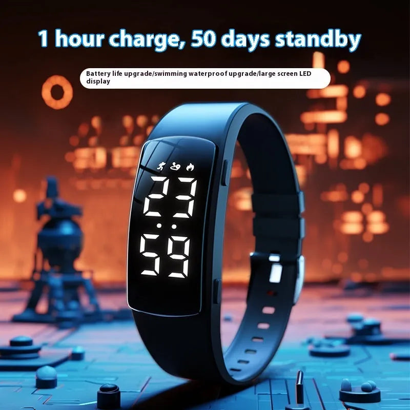 Vibration alarm smart watch with coloured silicone strap and LED display on wrist