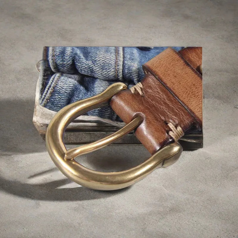 Men's genuine cowhide leather casual belt with copper buckle in black, brown or khaki.