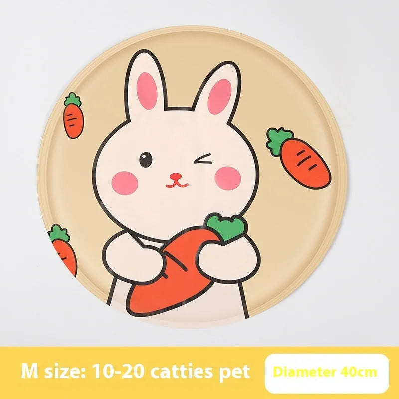 Round pet cooling mat with blue polar bear cartoon design on soft cloth fabric for dogs.