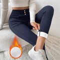 Women's navy blue high waist slim trousers with straight leg cut and micro elastic polyester fabric