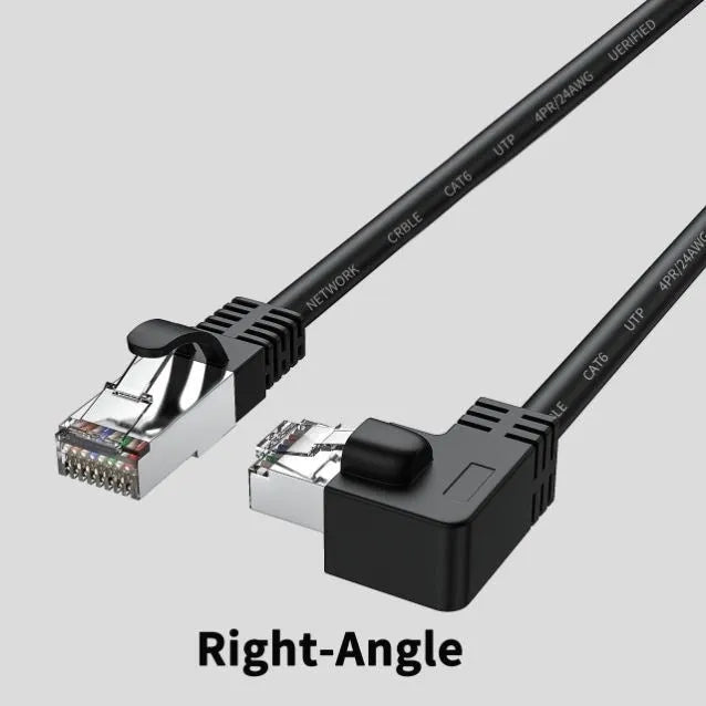 Cat6 Ethernet cable with right-angle RJ45 connector in various colours and lengths