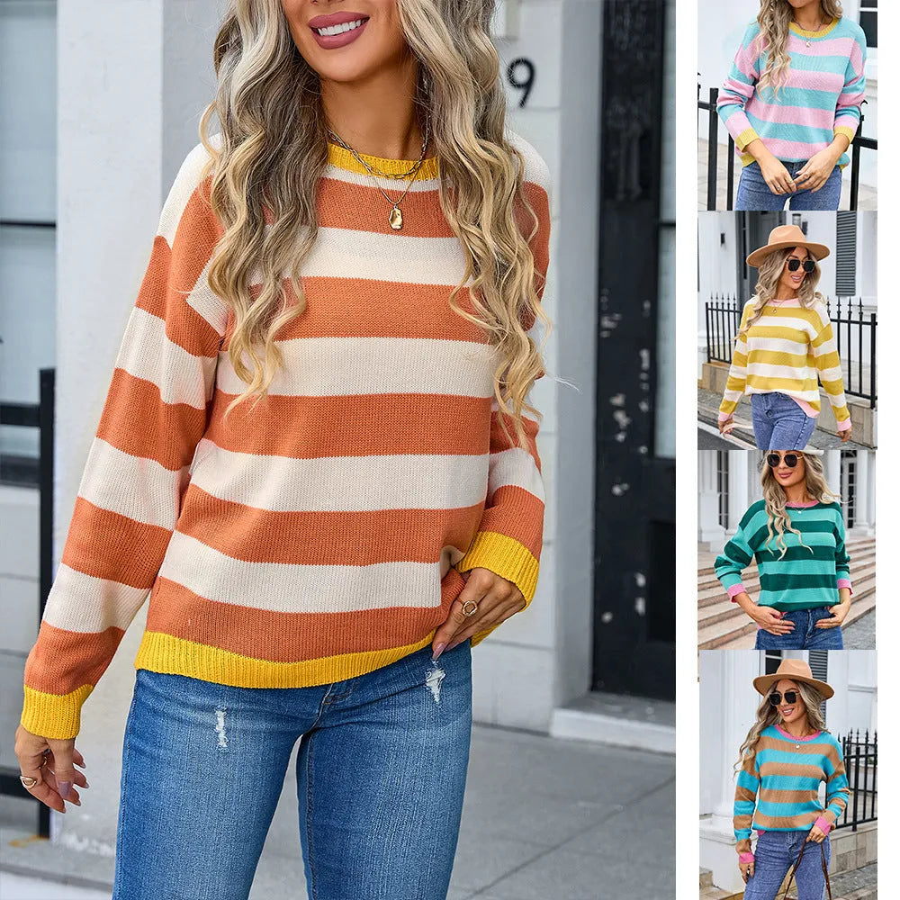 Women's loose fit long sleeve acrylic sweater in blue, round neck, knitted texture