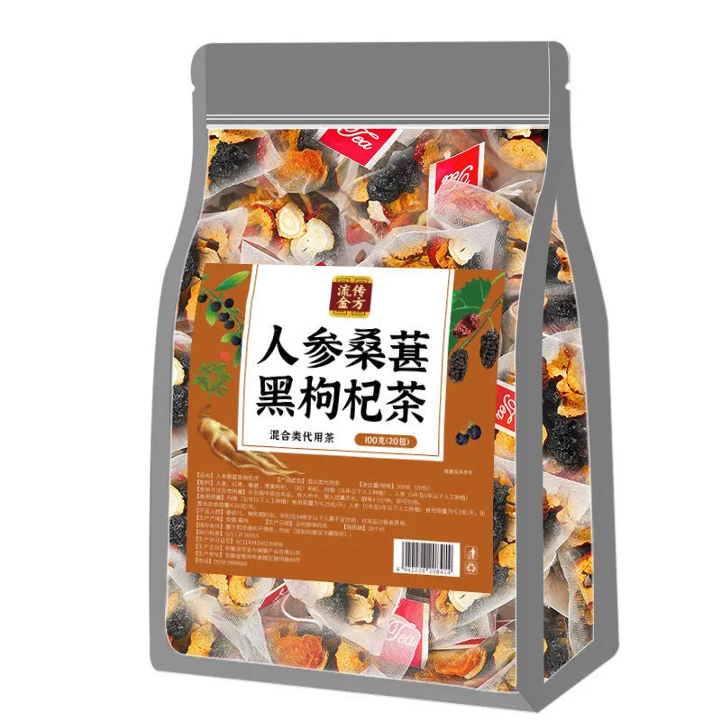 Sealed bag of Ginseng Black Wolfberry Tea containing 40 individual 5g tea bags.