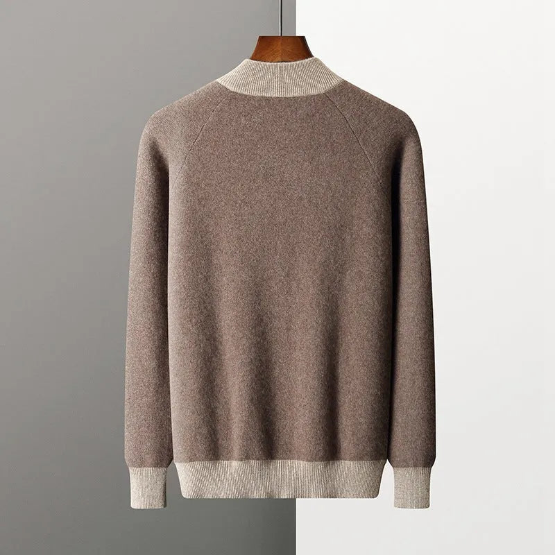 Men's cashmere wool blend cardigan suit with half turtleneck zipper top and matching trousers in winter sports style