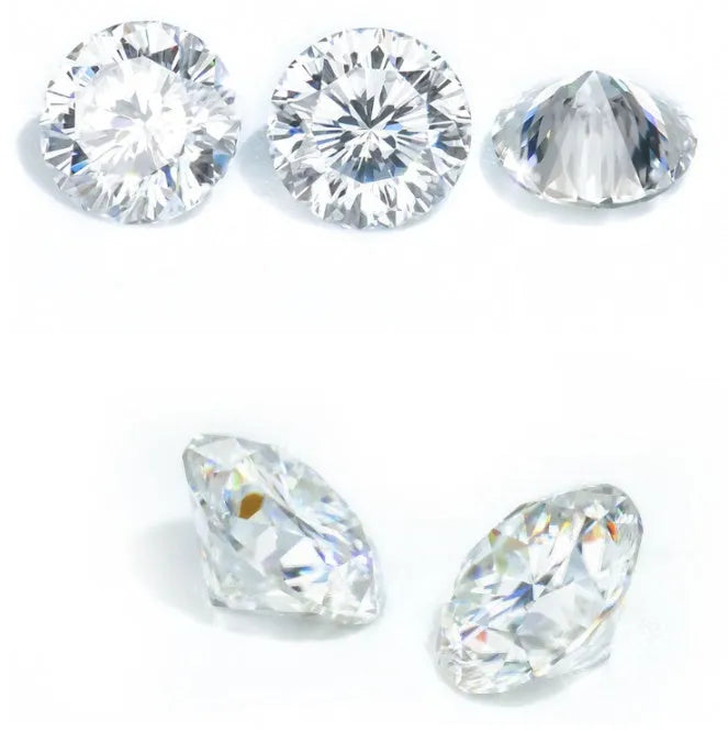 Round loose moissanite gemstone with eight hearts and eight arrows cut on a grey background.