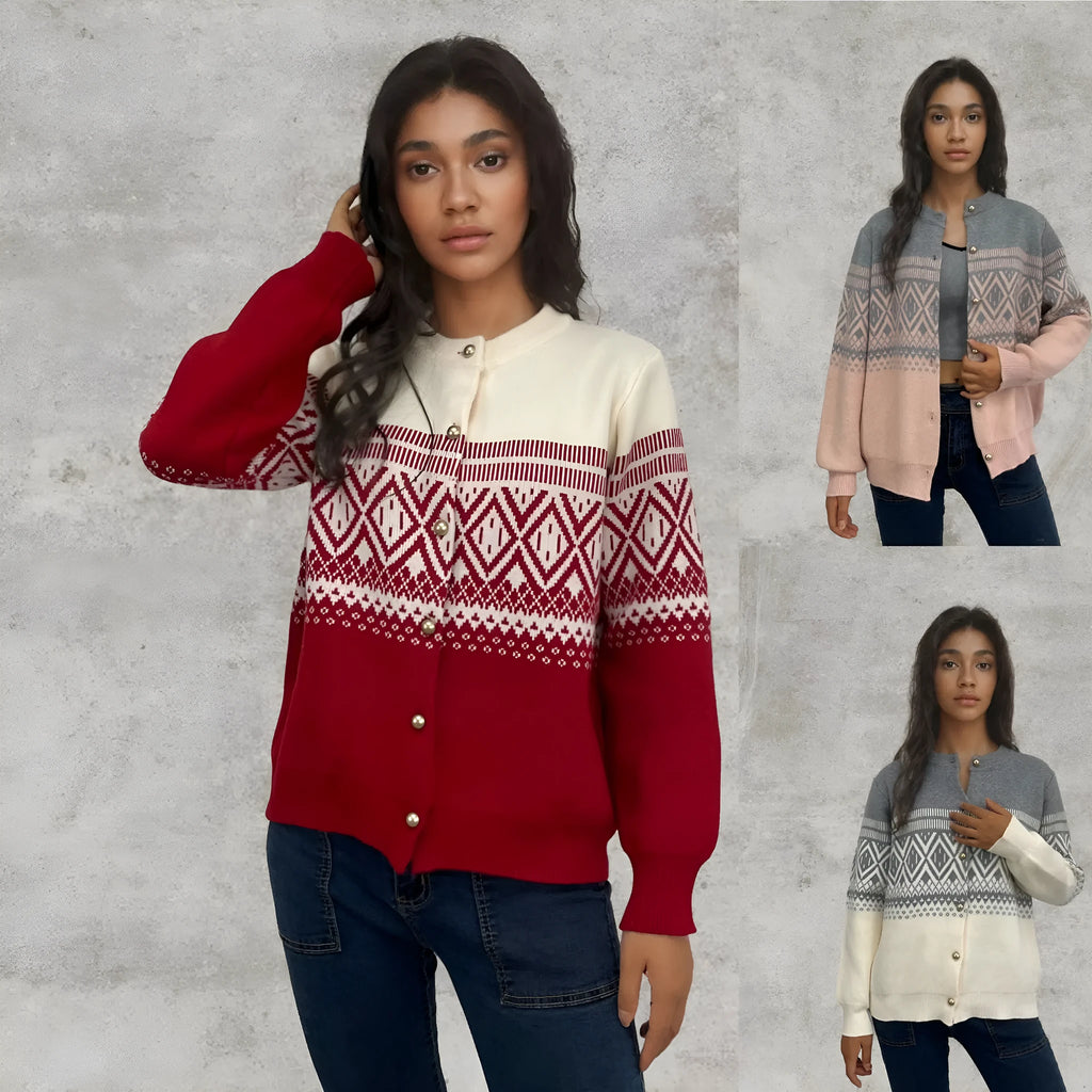 Women's grey alpaca wool diamond knitted cardigan with contrast colour sleeves
