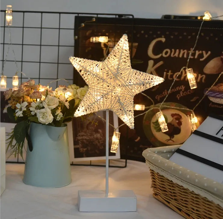 Rattan LED fairy lights with star, heart and moon designs for battery-powered room decoration