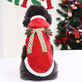 Red coral velvet Christmas dog t-shirt with tree and deer print and green scarf on light background