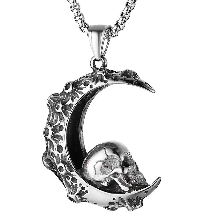 Men's stainless steel skull necklace with electroplated silver finish showing six pendant design options