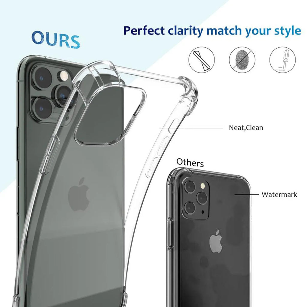 Clear TPU shockproof iPhone case showing transparent protection on multiple iPhone models