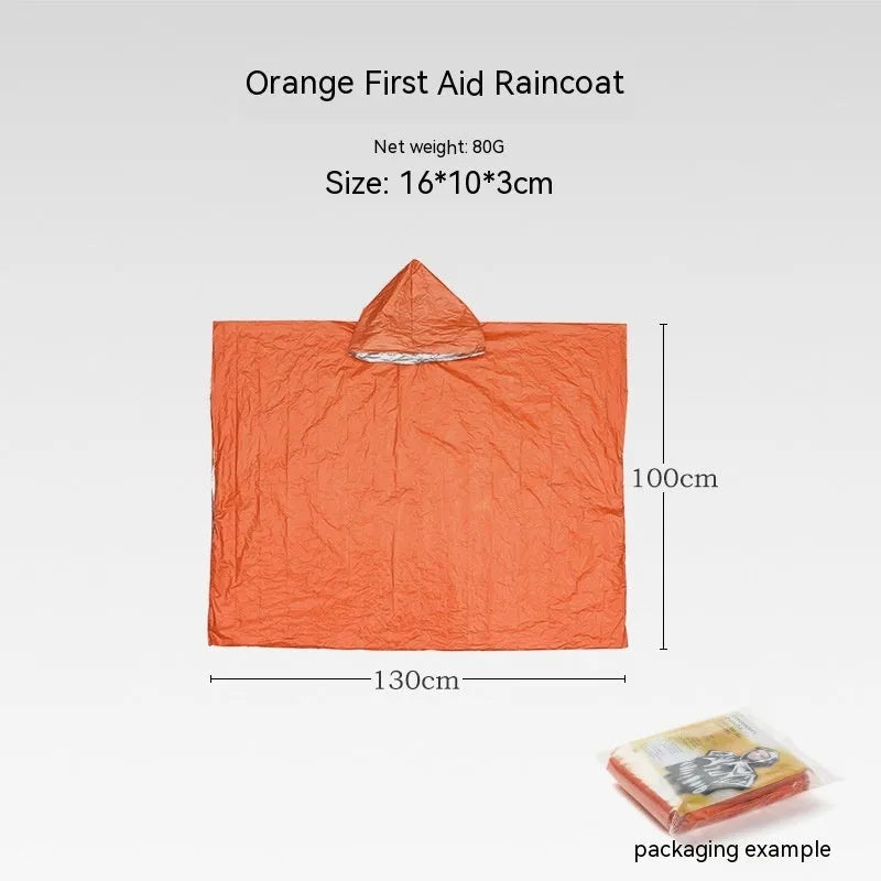 Orange emergency tent kit with sleeping bag, raincoat and whistle for disaster relief