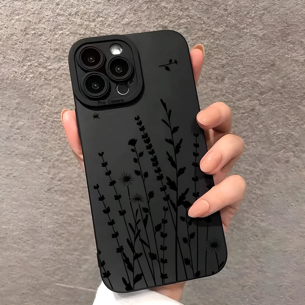 Black TPU silicone phone case with flowers and branches print straight edge frosted finish for iPhone