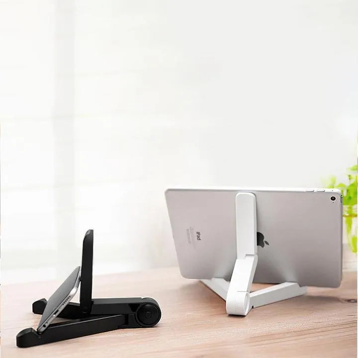 Foldable tablet holder shown in black with smartphone mounted in landscape orientation