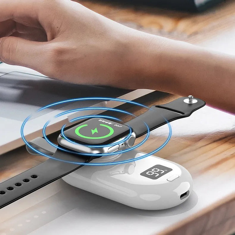 Black and white wireless power bank for watches with Type-C port and compact plastic casing
