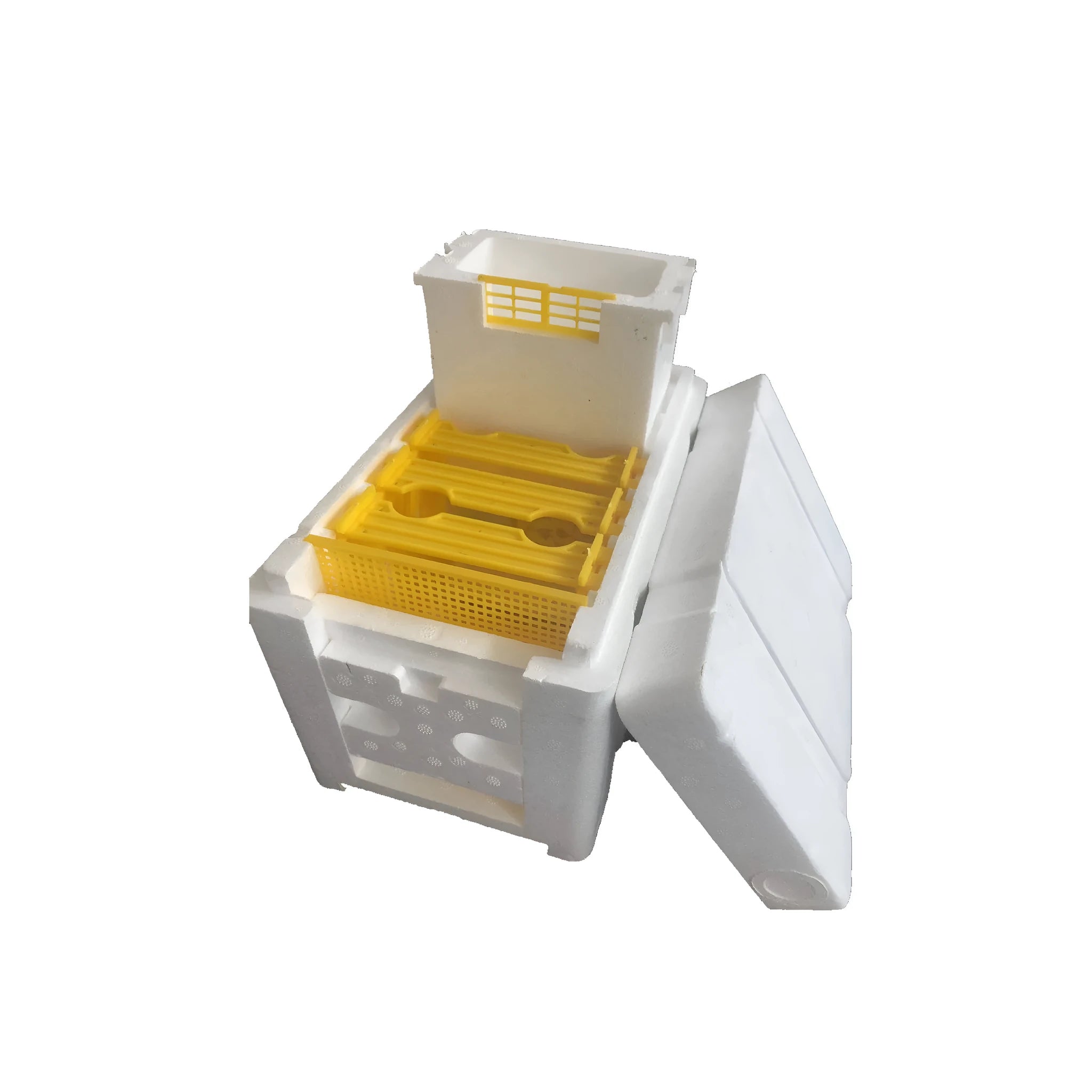 Three white EPS foam bee breeding boxes for hive mating and pollination activities