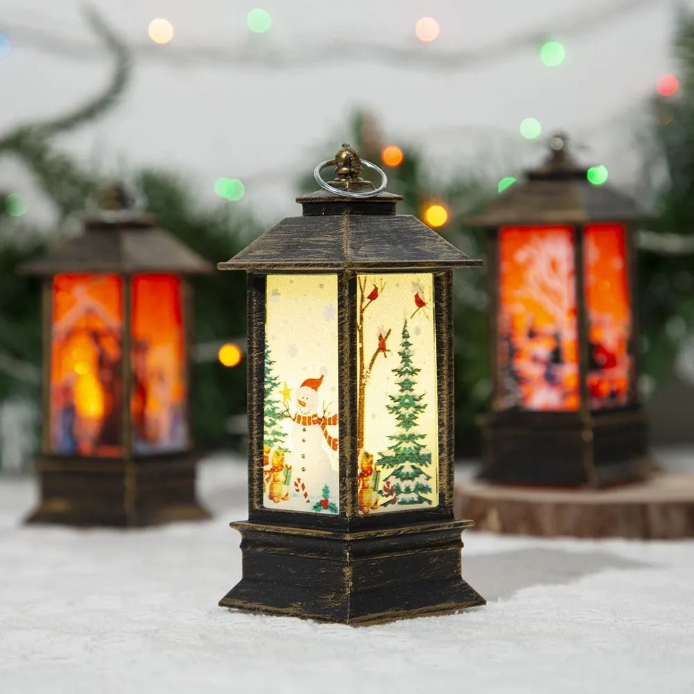 Christmas portable oil lamp with Santa Claus design, plastic construction, battery powered LED light for indoor outdoor hanging decoration